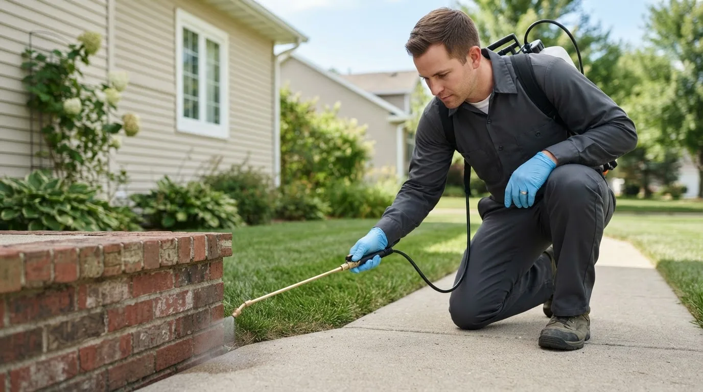 Pest control technician treating a home near Thornburg, IA
