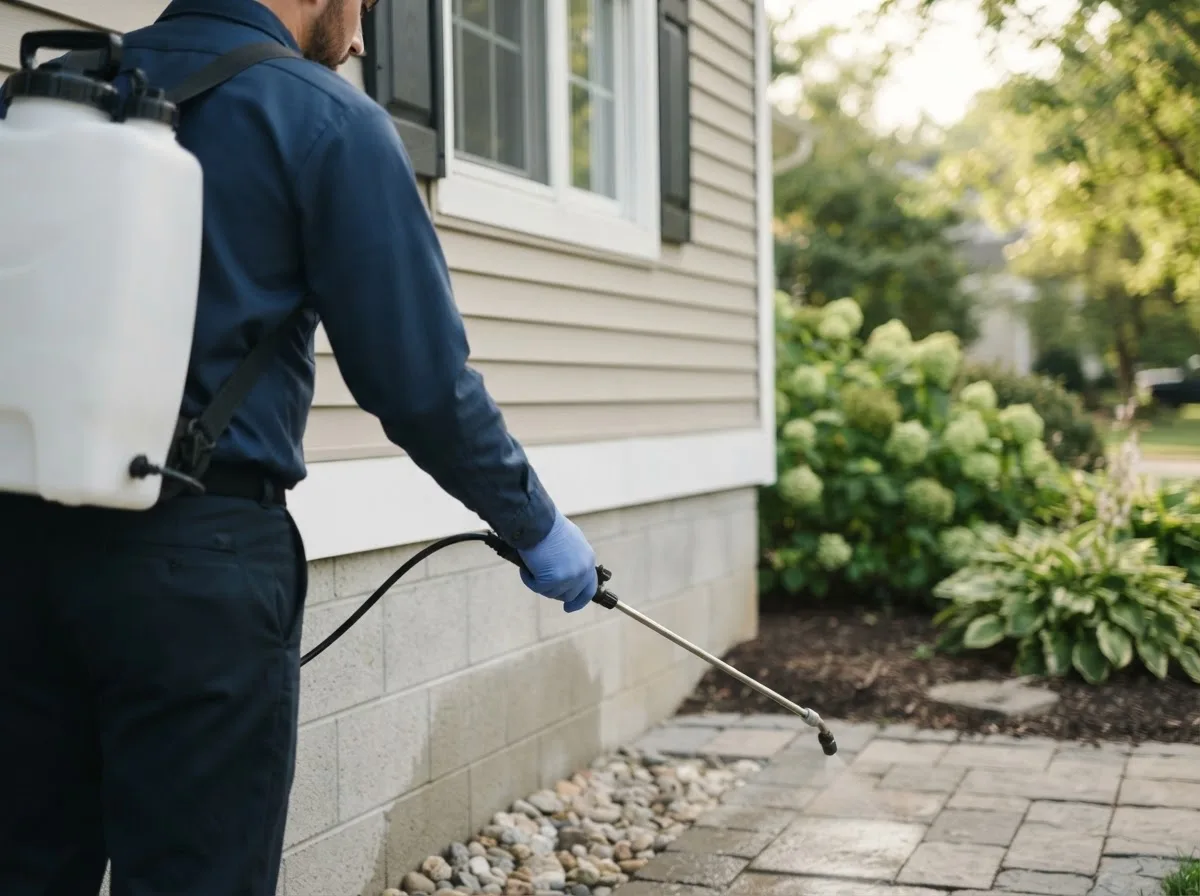Pest control technician inspecting a home in Thornburg, IA
